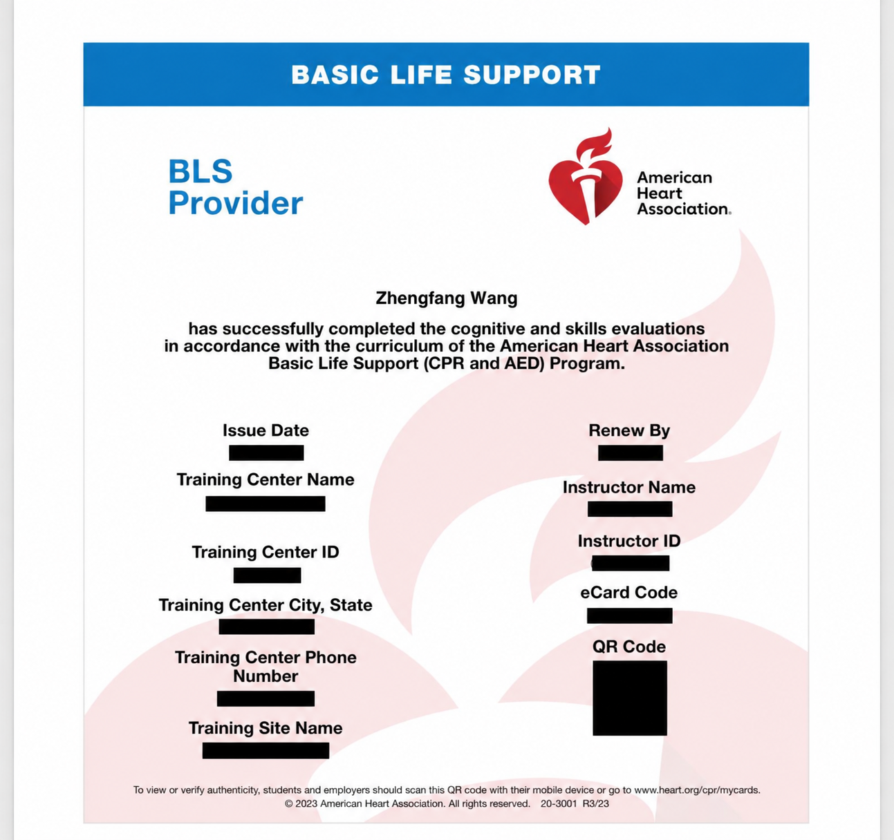 Redacted certificate for Zhengfang Wang: American Heart Association · BLS Provider