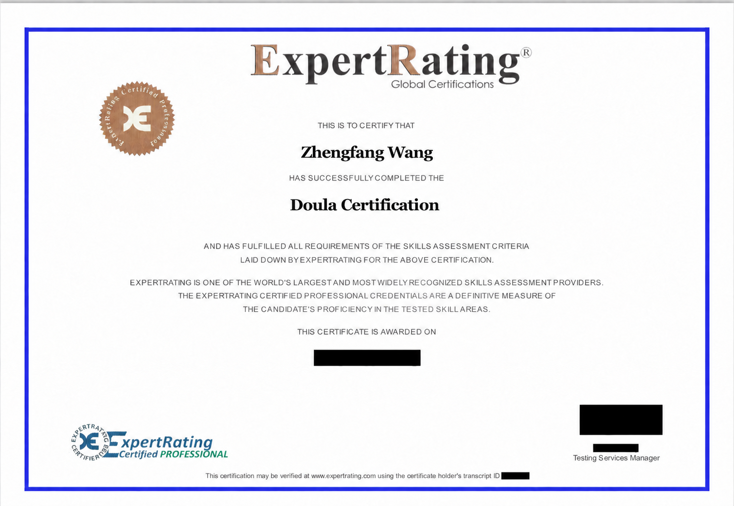 Redacted certificate for Zhengfang Wang: ExpertRating · Doula Certification